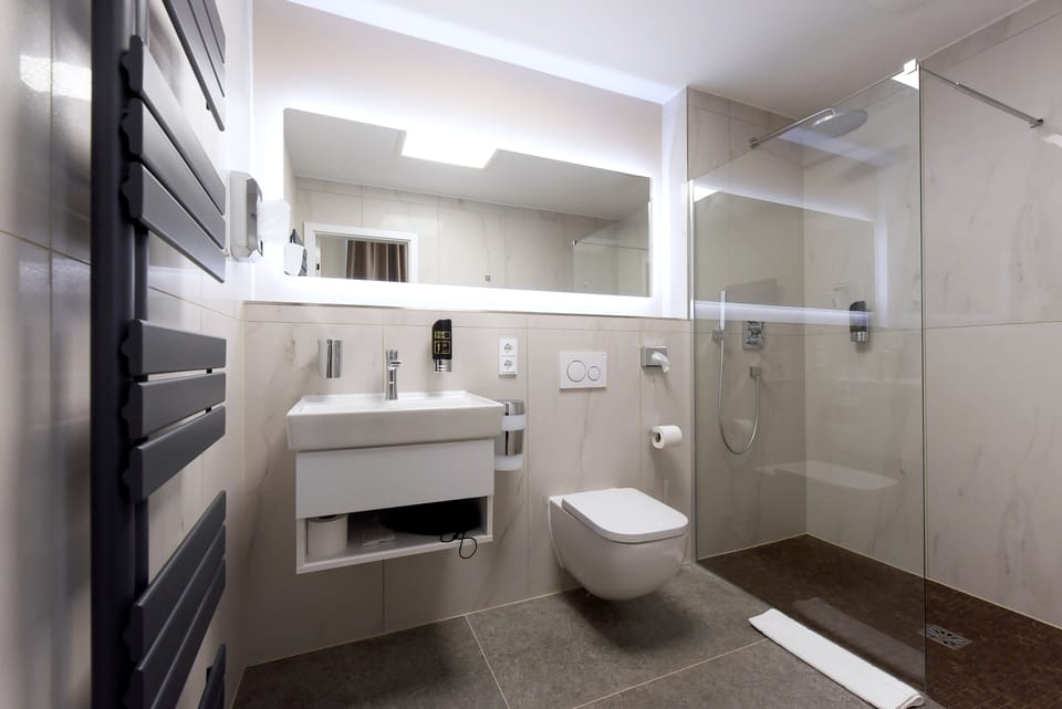Shower, rainfall showerhead, hair dryer, slippers