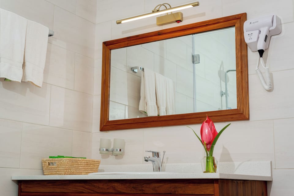 Shower, rainfall showerhead, bathrobes, slippers