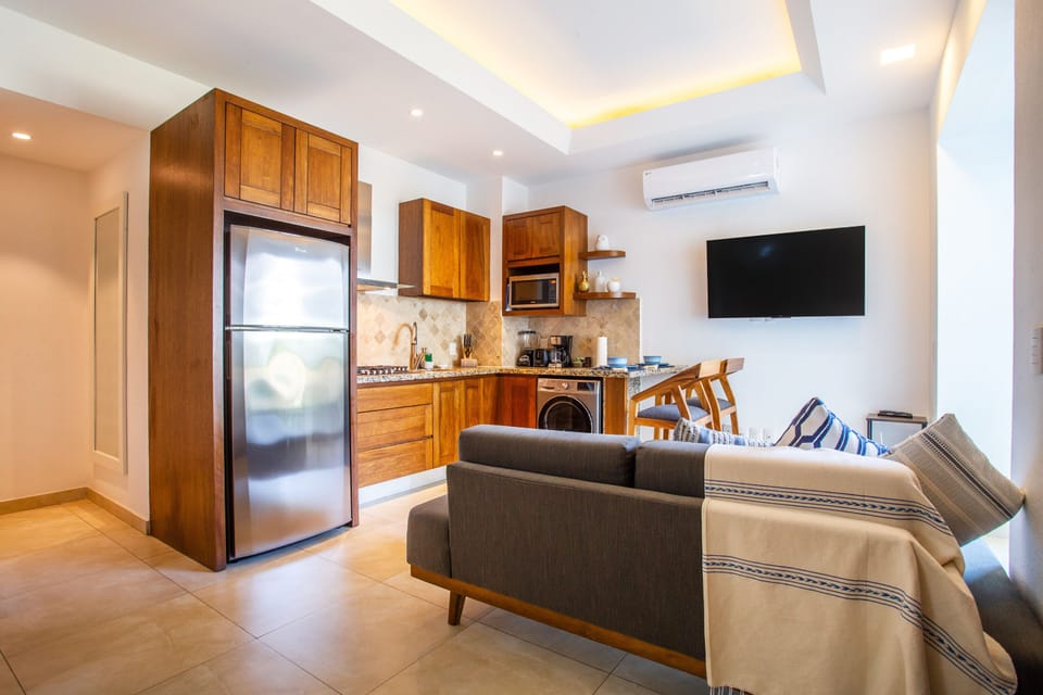 The smart TV can be watched from the comfort of the sofa or the bed