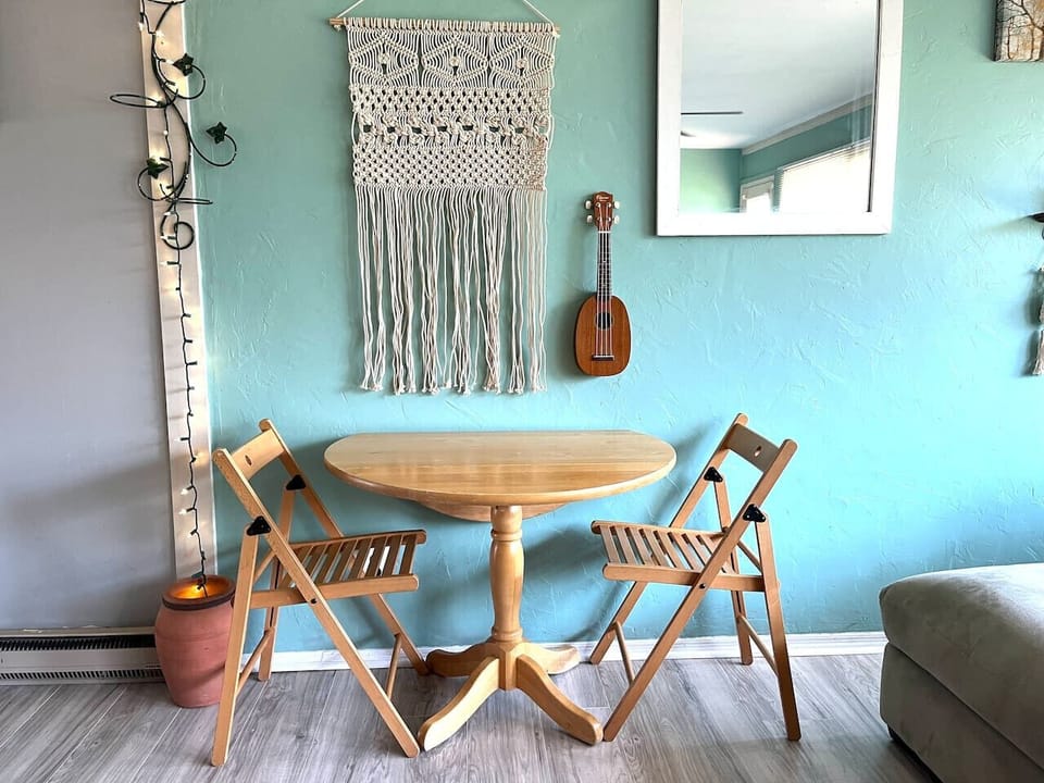 Dining area for 4, additional chairs located in the living room