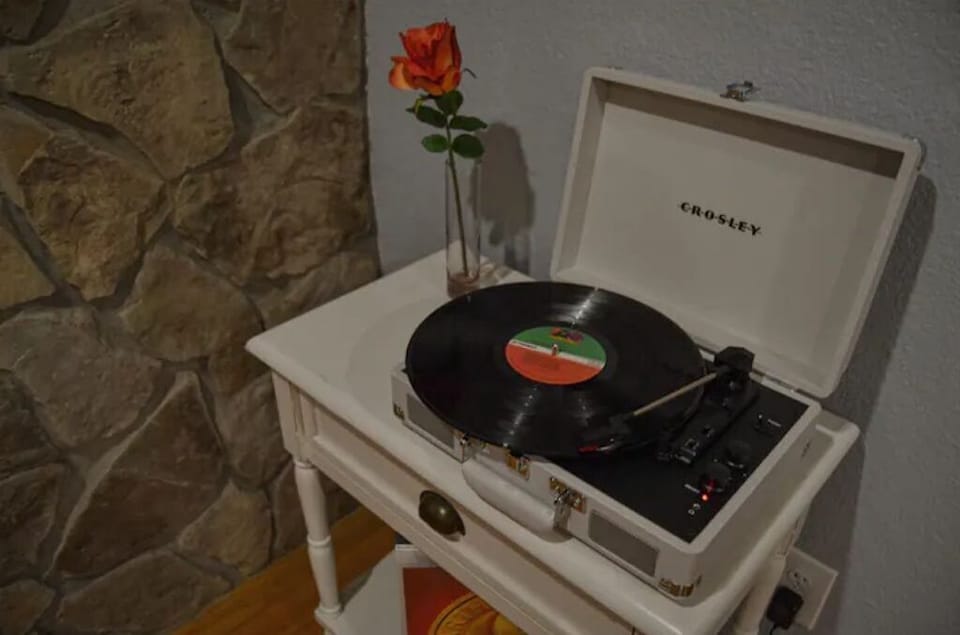Record player with records.