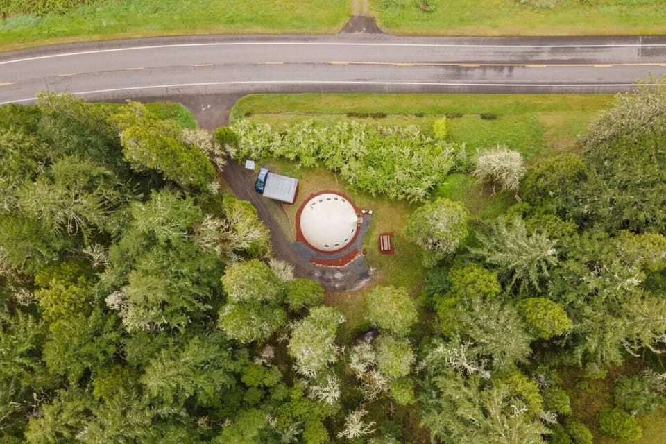 Aerial view of The Dome (before hot tub and fire pit were installed). The Dome is very private and quiet despite it`s proximity to the road.