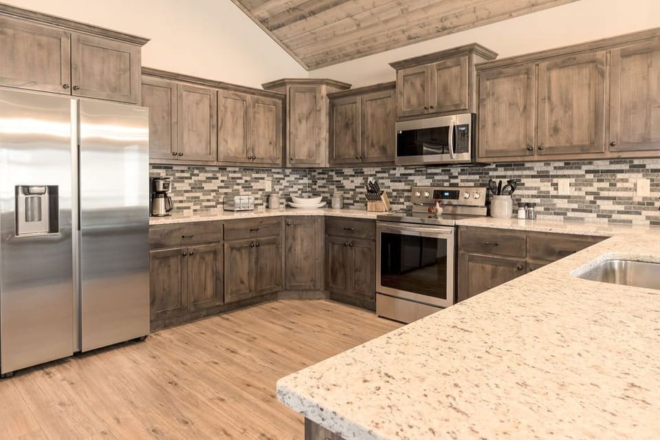 The cabinets are stocked with pots and pans and plenty of the essentials for cooking!