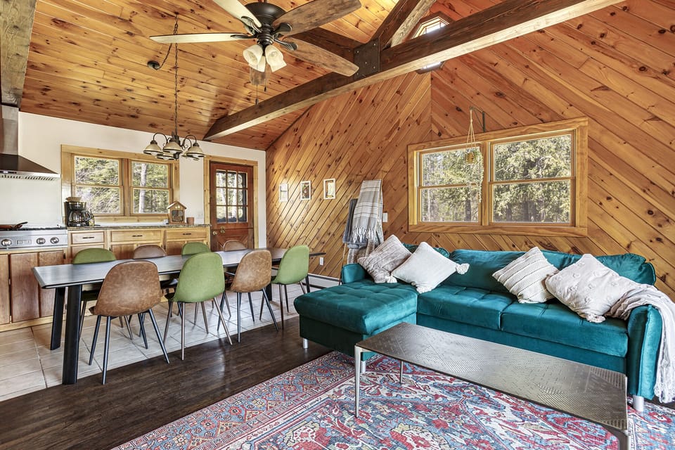 The living room sofa opens to a queen size pullout bed. 