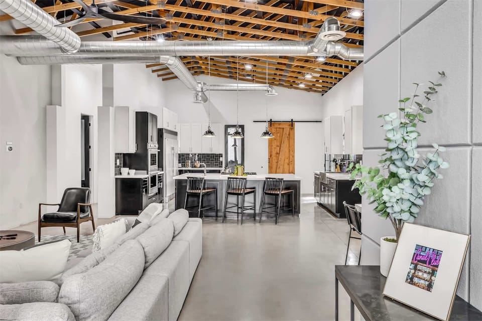 High ceiling with open beams. 