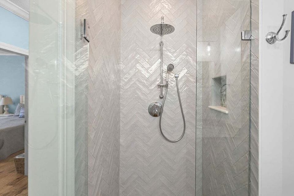 The tiled walk-in shower