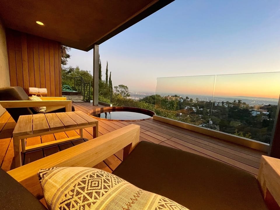 Japanese inspired escape with calm spaces and beautiful Hollywood Hills scenery.