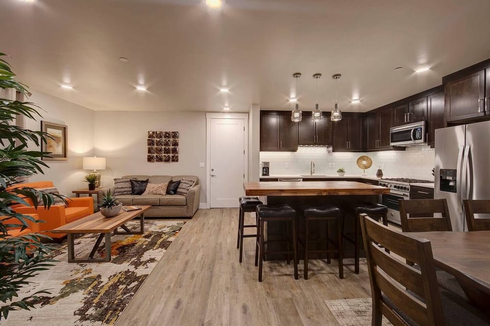 The spacious living opens seamlessly the the kitchen and dining area.