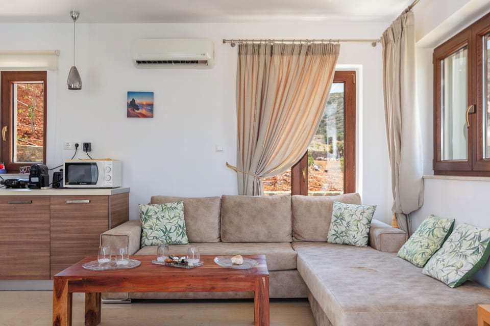 The living room is located on the ground floor and it features a 40’’ TV, open fireplace and access to the pool terrace.