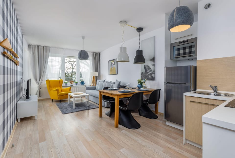 Stylish living room with a sofa bed, TV and kitchenette with dining area.