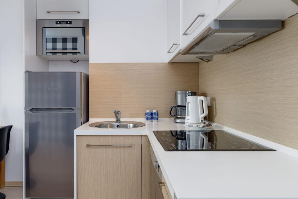 Kitchenette with induction hob, fridge with freezer, oven, microwave, electric kettle and coffee maker.