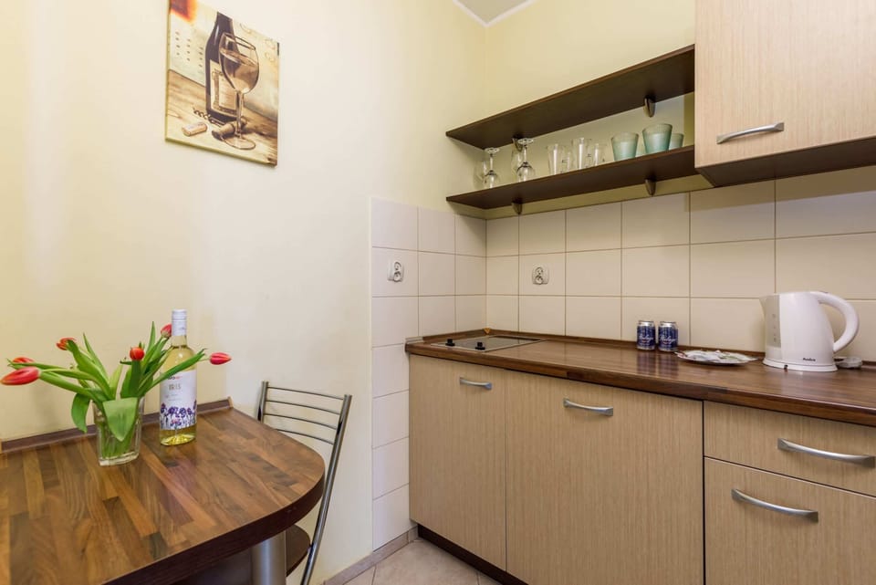 Kitchenette with plenty of kitchen utensils and dishes. 