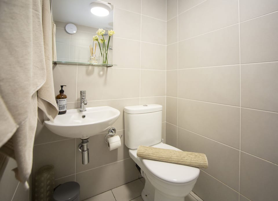 Bathroom with toilet, wash basin, rain shower