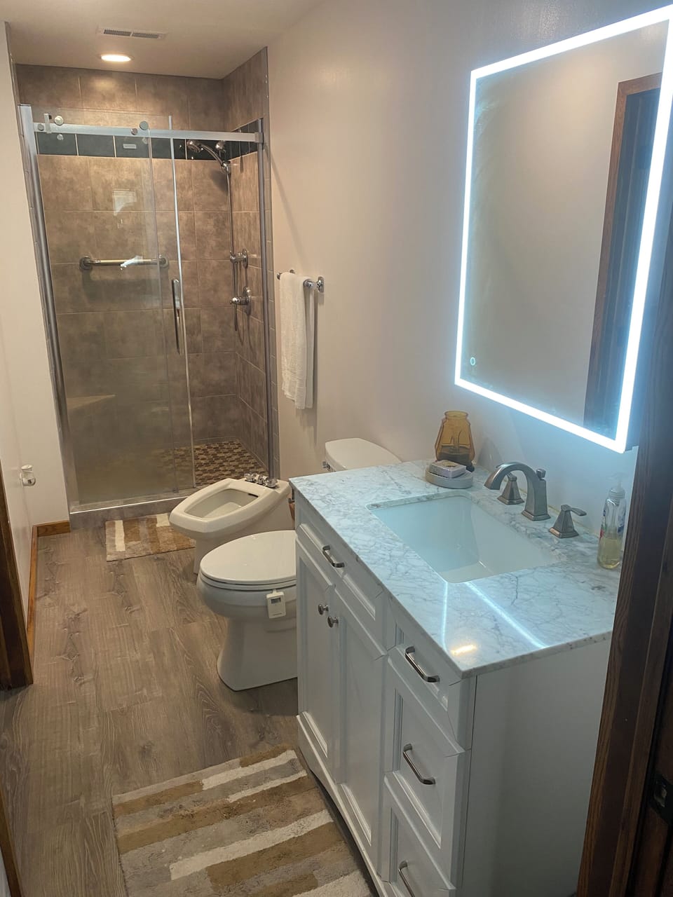 Second bathroom with bidet and large walk-in shower.