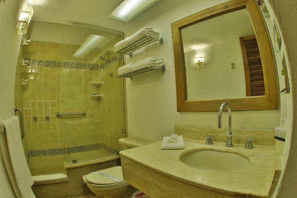 Combined shower/tub, free toiletries, hair dryer, towels