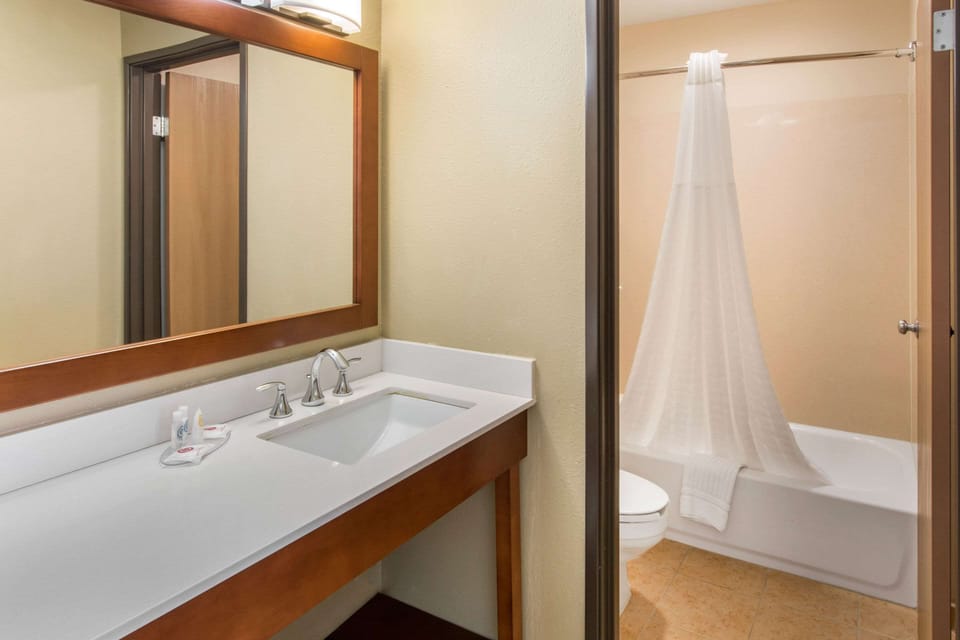 Combined shower/tub, free toiletries, hair dryer, towels
