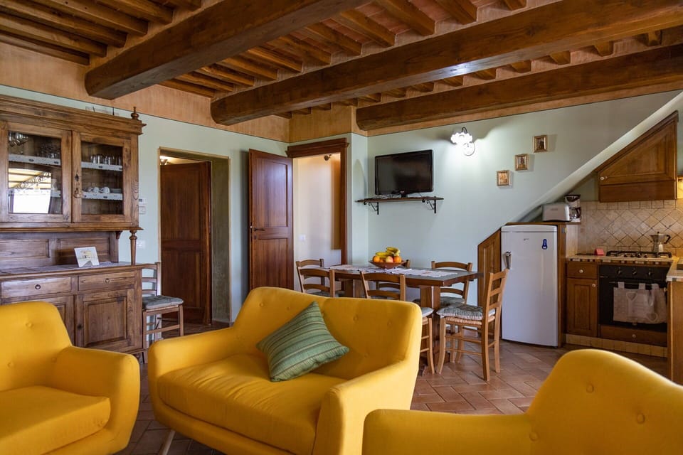 Living room, dining room and kitchen