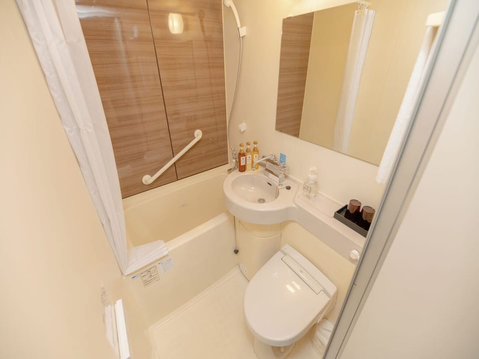 Combined shower/tub, free toiletries, hair dryer, bathrobes