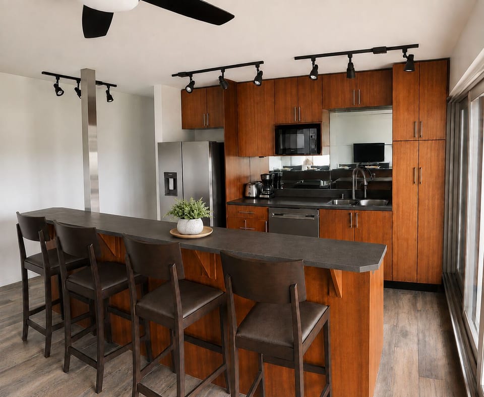 Fully equipped kitchen with everything you need to cook and dine in.  