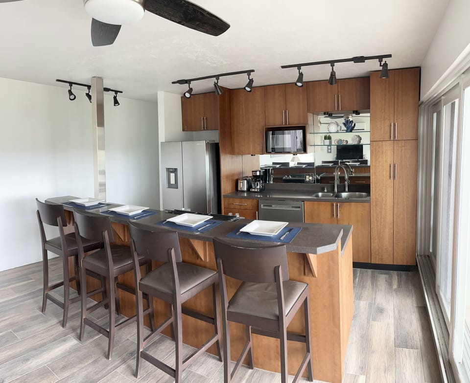 Furnished kitchen with cookware, dishes, and all utensils. Dine out or eat in. 