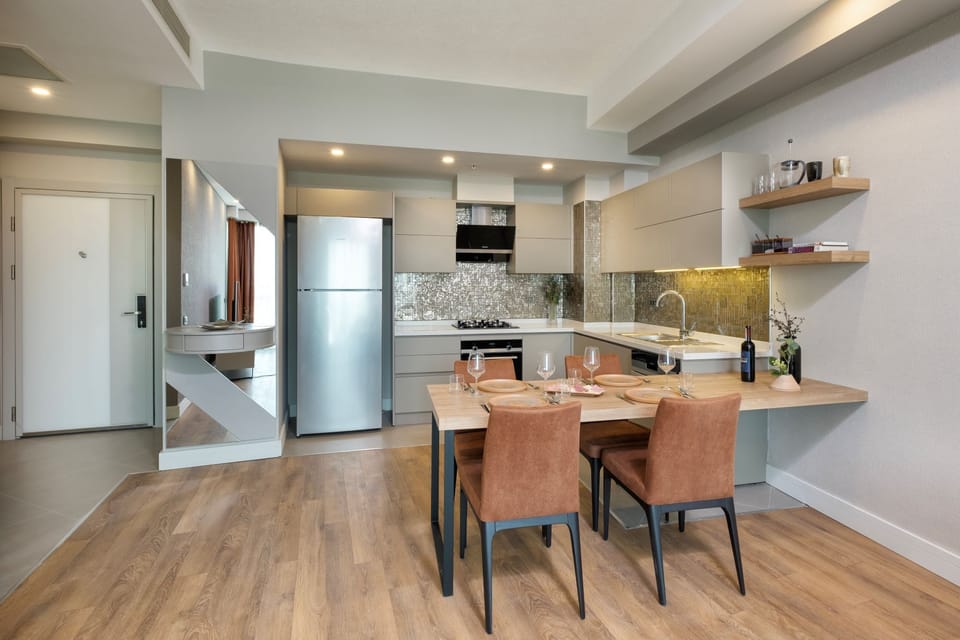 Full-size fridge, microwave (on request), oven, stovetop