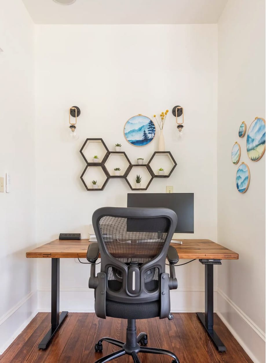 Bedroom 1: Motorized desk, 27 inch monitor and full work from home station