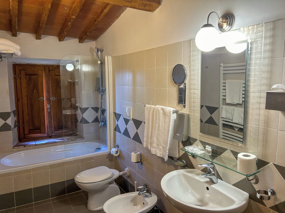 Combined shower/tub, free toiletries, hair dryer, bidet