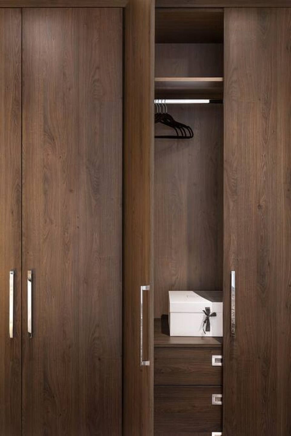 Bedroom wardrobe — bespoke fitted wardrobe with mirrored sliding doors and full interior including hanging space, shelving, and drawers, with in-room safety deposit box