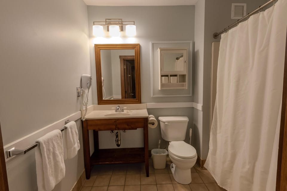 The comfortable bathroom with an updated vanity.