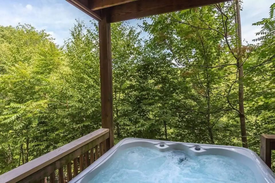 Brand new hot tub on covered deck offering great privacy and views of a pond.