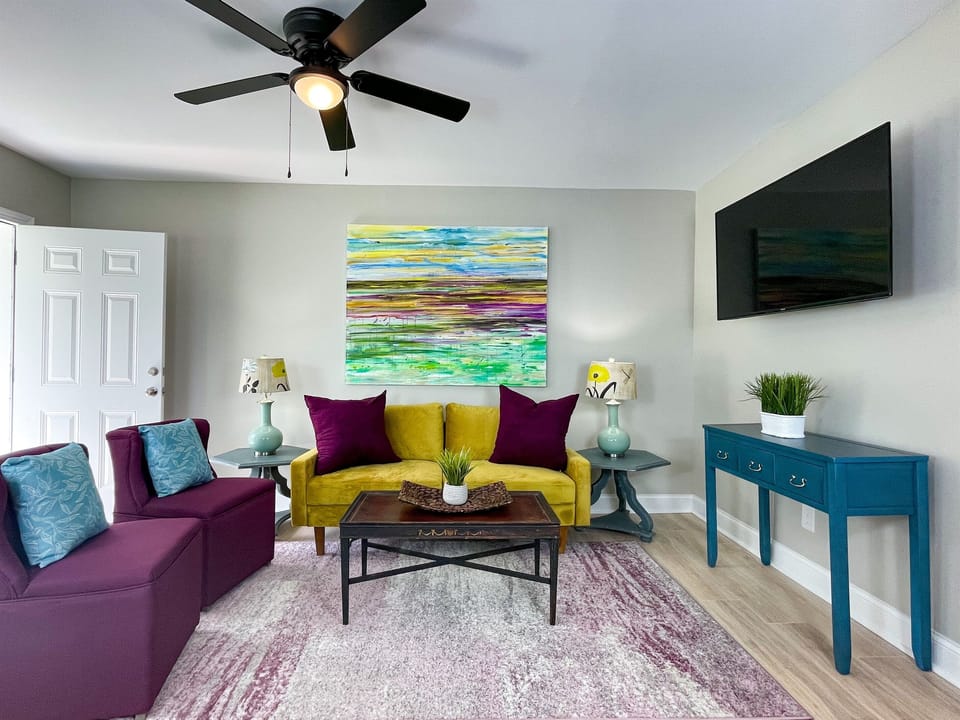 Stream your favorite show on the 55" Smart TV while relaxing on the comfy living room seating