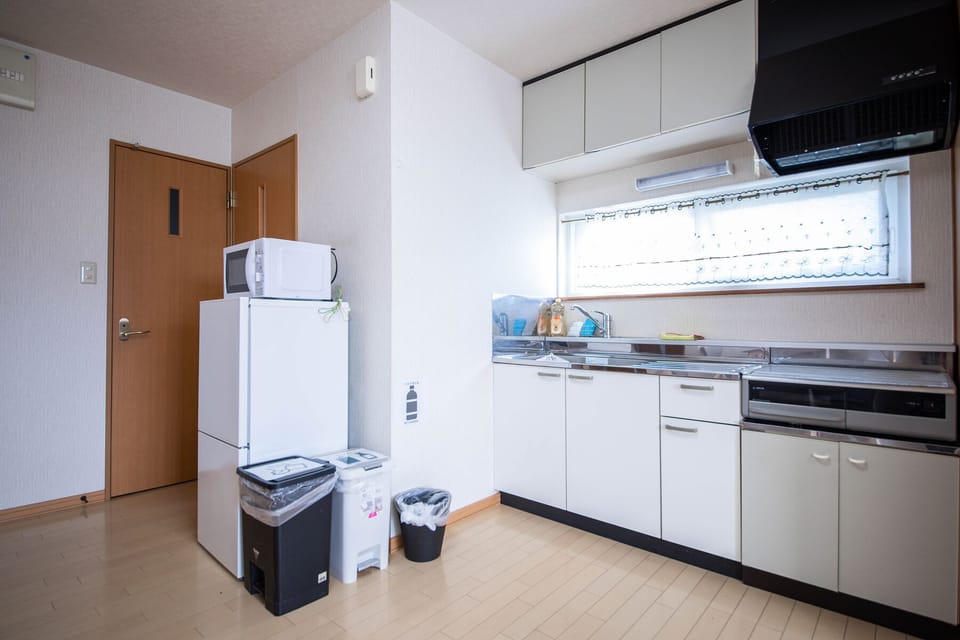 Full-size fridge, microwave, stovetop, rice cooker