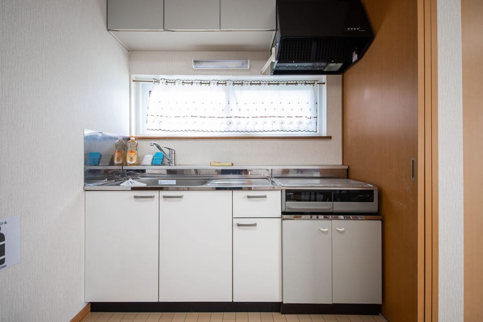 Full-size fridge, microwave, stovetop, rice cooker