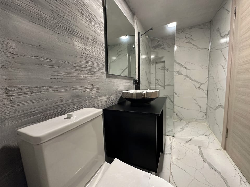 Shower, rainfall showerhead, hair dryer, slippers