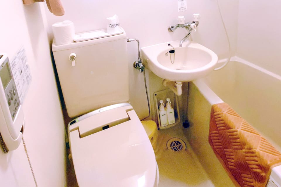 Combined shower/tub, free toiletries, hair dryer, slippers