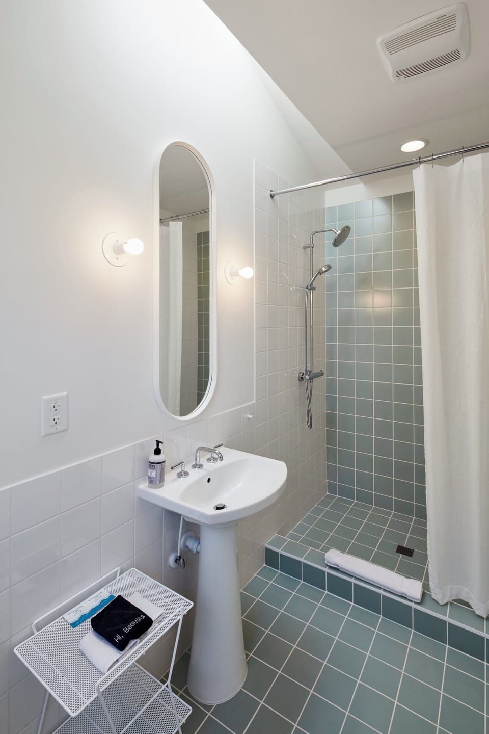 Shower, hydromassage showerhead, hair dryer, bathrobes