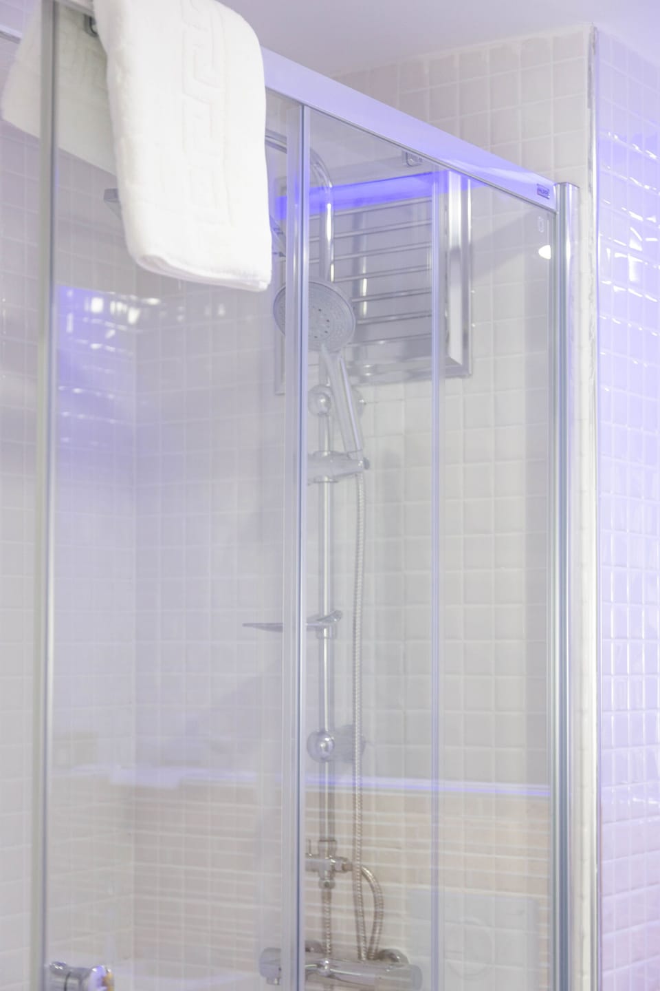 Shower, rainfall showerhead, hair dryer, slippers
