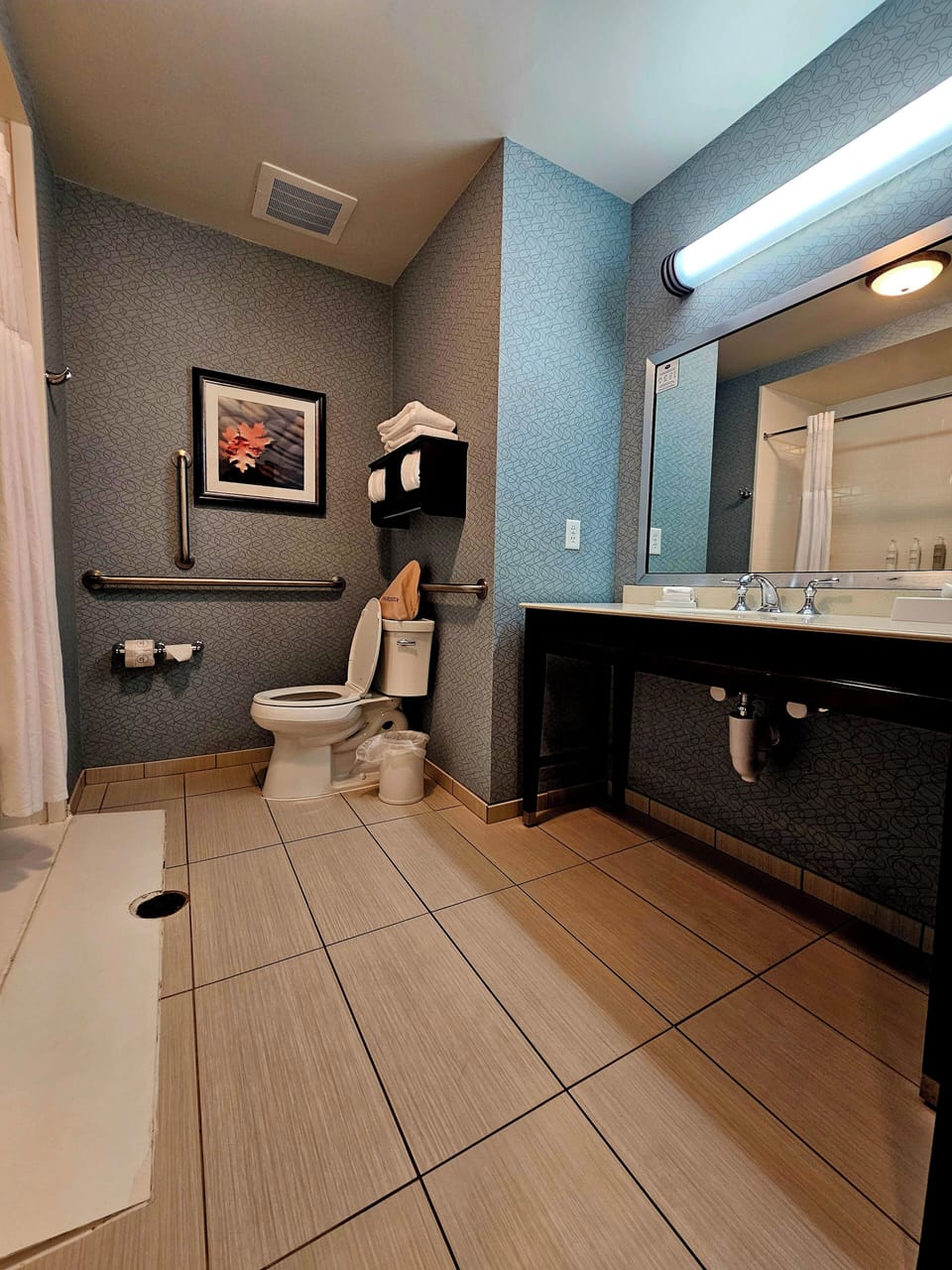 Combined shower/tub, hydromassage showerhead, towels
