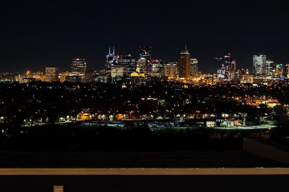 The view of Nashville's Skyline from the rooftop patio.