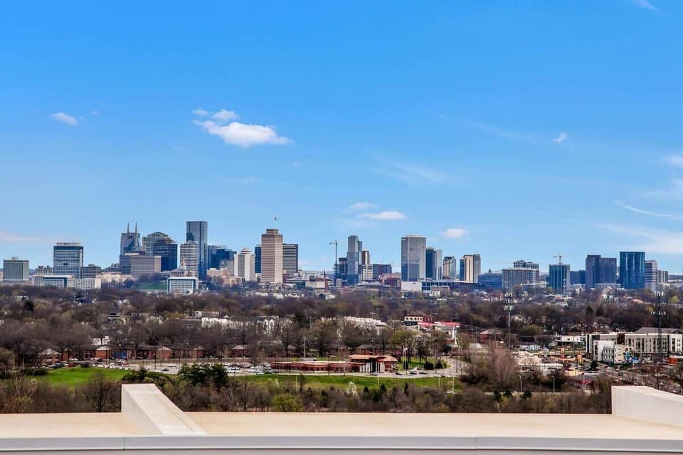 The skyline view from the rooftop patio.