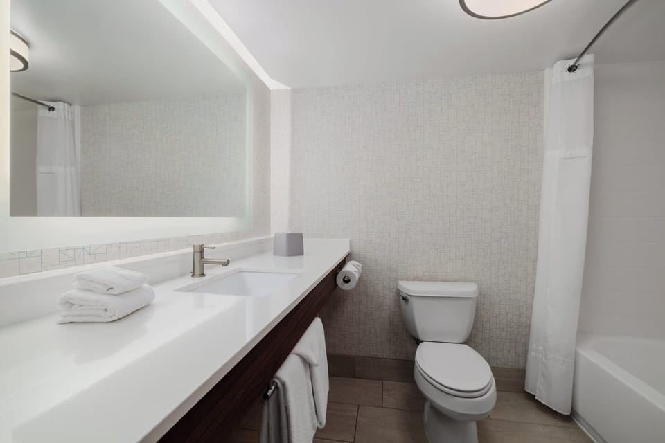 Combined shower/tub, free toiletries, hair dryer, towels