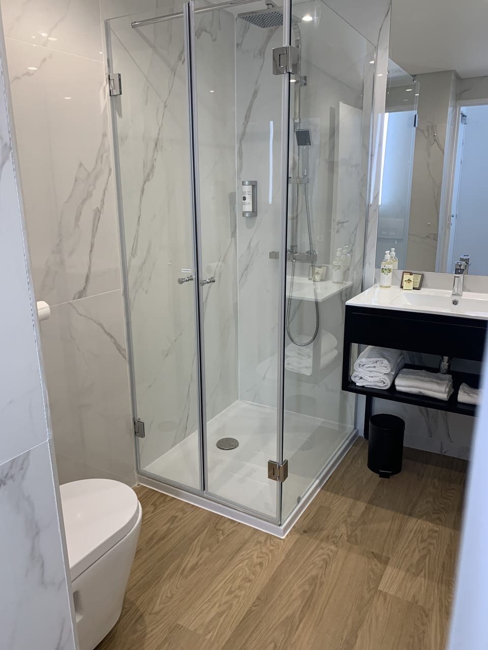 Shower, rainfall showerhead, hair dryer, towels