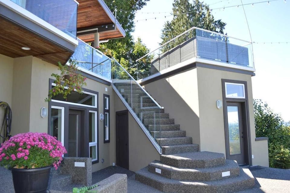 At right is your entrance while the stairs lead to upper deck (common area)
