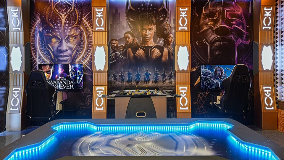 Step into Wakanda with dual gaming stations, foosball, and immersive decor.