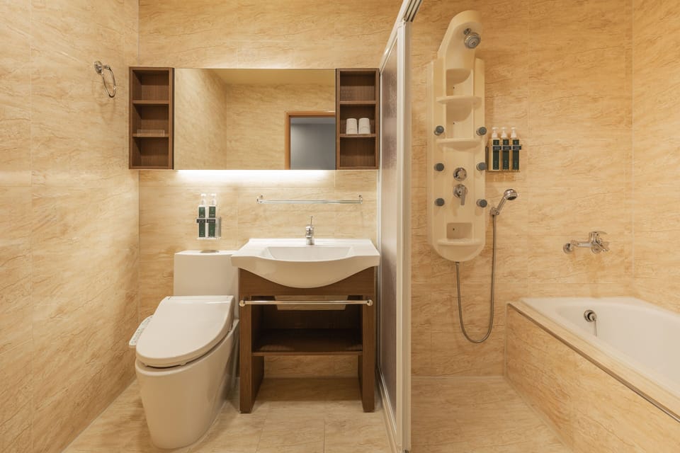 Shower, hydromassage showerhead, hair dryer, slippers
