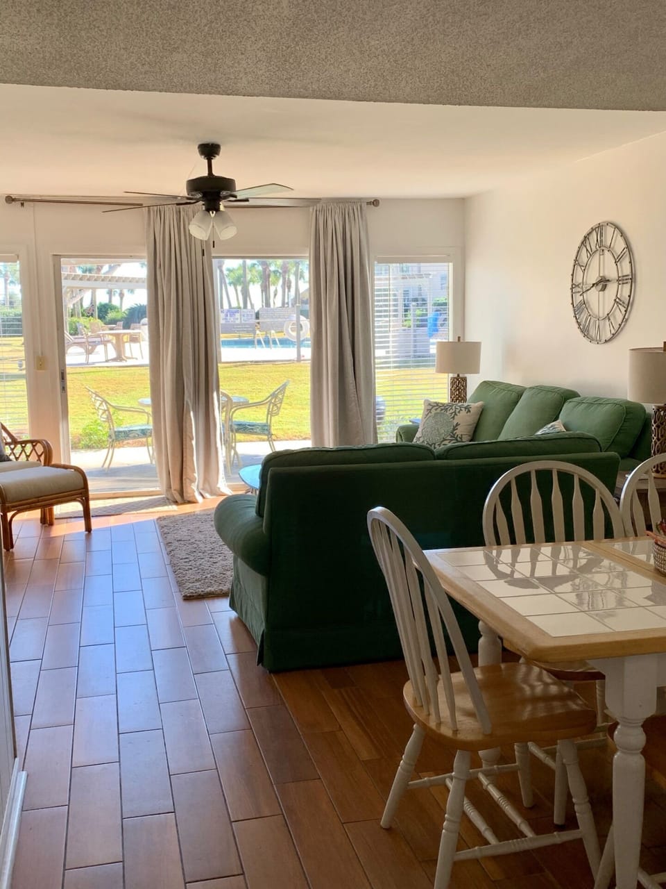 Living room with tile flooring, new sliding glass door