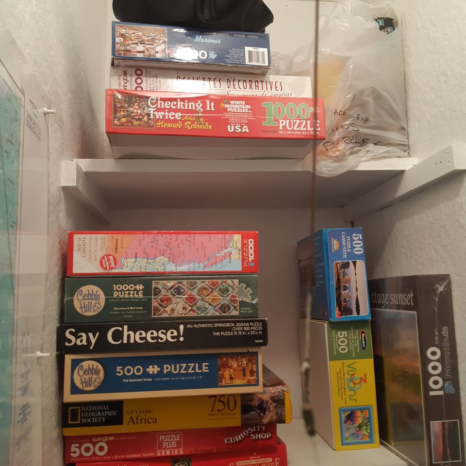 Games and puzzles are found in the dining room closet.