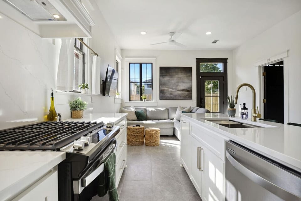 The spacious island provides extra prep space and casual seating for morning breakfast