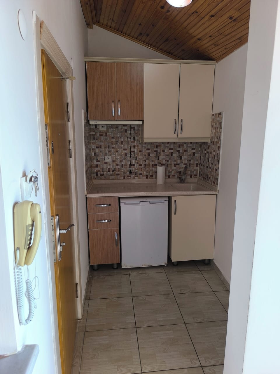 Mini-fridge, stovetop, cookware/dishes/utensils, paper towels