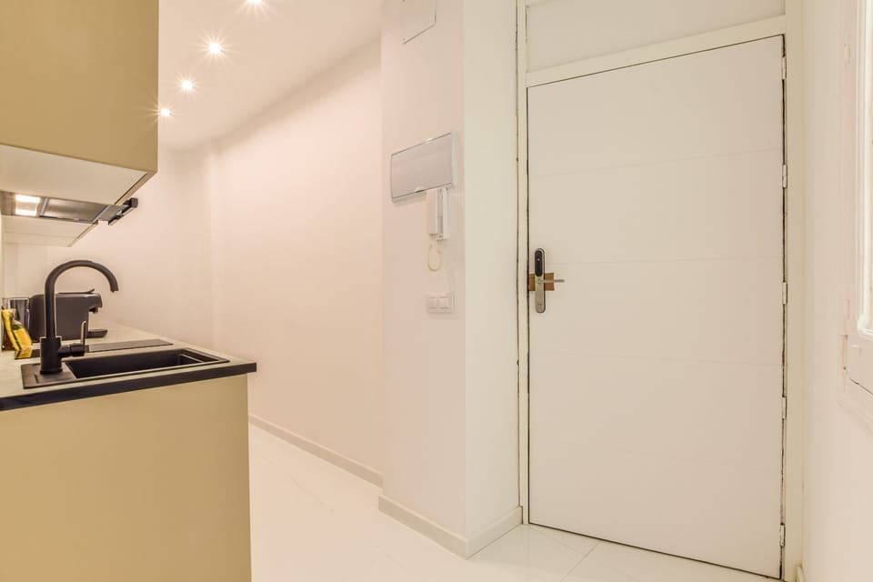 Main view of the kitchen with appliances and entrance of the apartment